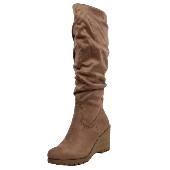 Taupe Faux Suede Slouchy Stacked Wedge Knee High - Picture 3 of 12